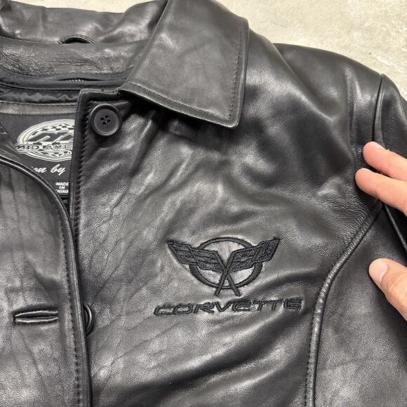 Rare Corvette Leather Belted Jacket Embroidered Button Black Jacket Large Womens - Picture 4 of 7